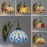 Mediterranean Iron Resin Wall Lamps for Bedroom Bedside Bathroom Living Room Decor Tiffany Stained Glass LED Wall Light Fixtures