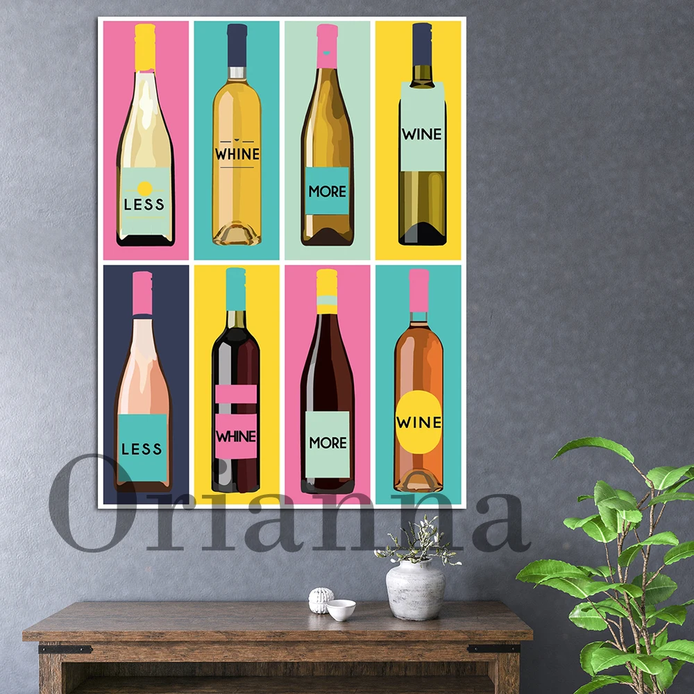 Настенный постер с изображением вина Less Whine More, художественный принт, декор для бара, украшение для кухни, холст, картина, Цветной Винный принт