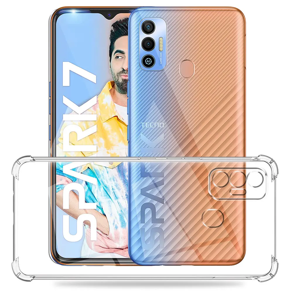 Противоударная задняя крышка для Tecno Spark 7 мягкая силиконовая прозрачная 7T чехол