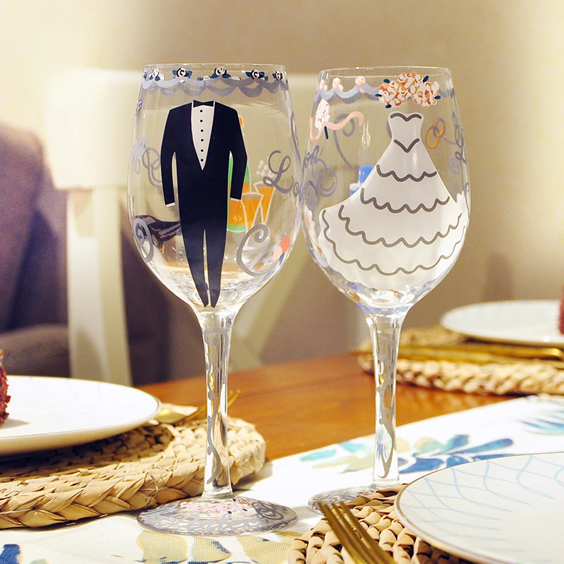 16oz Wine Glass Cups Wedding Decor Red Wine Glass Cup Hand Drawing Painted Bride and Bridegroom Graffiti Drinking Cups Wine Set