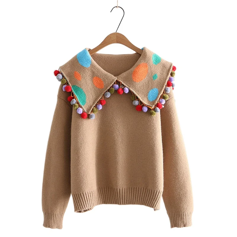 

2021 Winter Women Knit Jumpers Warm Thick Sweater Dot Print Full Sleeve Turndown Collar CasualPullover Girl Basic Outwear Tops