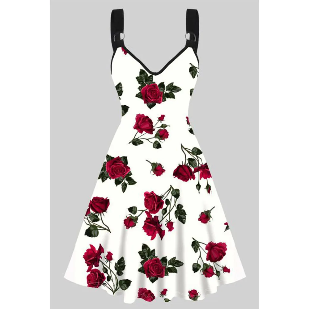 

2023 New Women's Dress Allover Rose Print Valentine's Day Dress Sleeveless O Ring Strap High Waist A Line Fashion Casual Dress