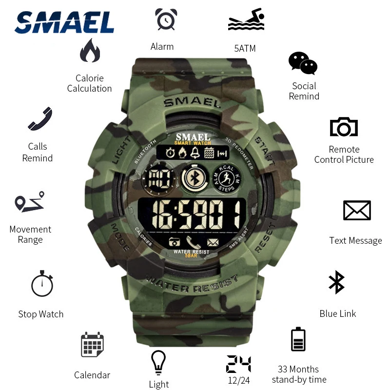 

SMAEL Mens Watch Top Brand Luxury 50M Waterproof Digital Watches Men Week Auto Date Military Sport Wrist Watch Relogio Masculino