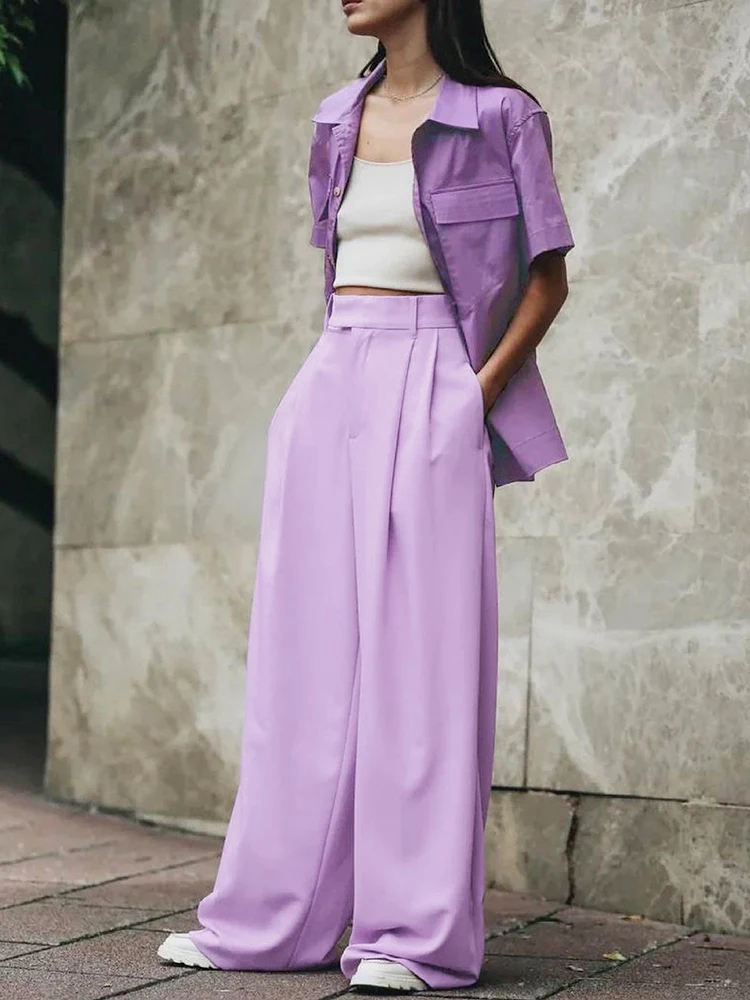 

RDMQ 2023 Lavender Chic Pleated Women Palazzo Trousers High Waist Wide Leg Pants Floor-Length Lady Trousers Pocket Solid