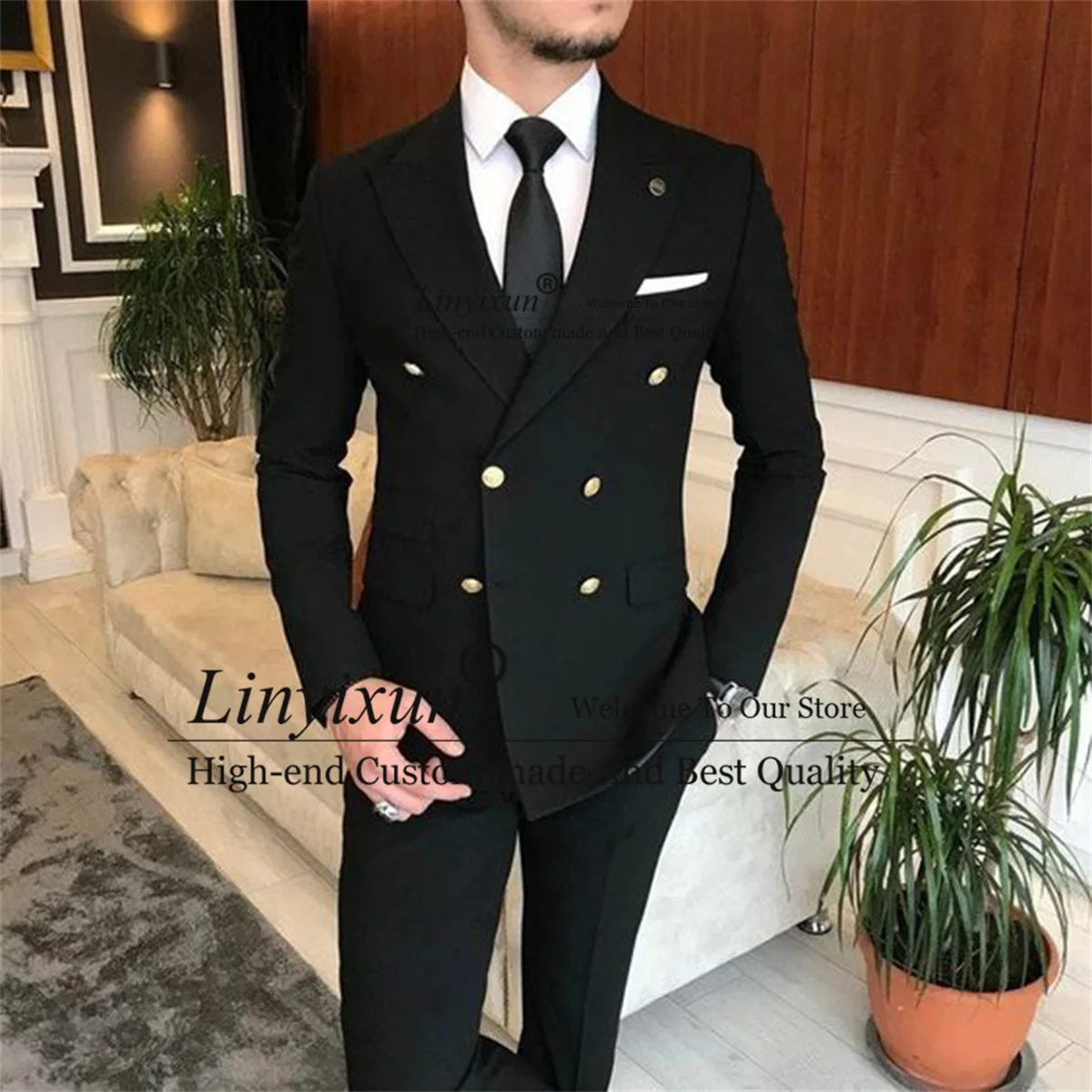 

Formal Black Men Suits Double Breasted Wedding Groom Tuxedo 2 Pieces Sets Business Male Blazers Slim Fit Groomsmen Costume Homme