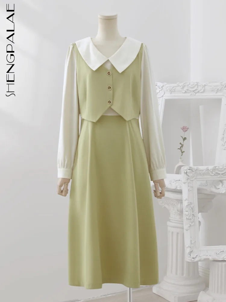 

SHENGPALAE корейское платье из двух частей с имитацией светильник, зеленое платье для женщин, 2023 весенняя одежда, элегантный шикарная кукла, свободный халат с вырезом, Vestido 5R2147