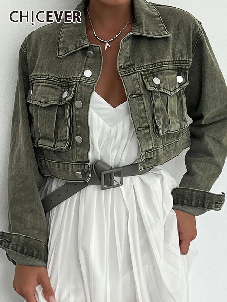 

CHICEVER Streetwear Minimalist Denim Coat For Women Lapel Long Sleeve Patchwork Pockets Single Breasted Casual Jackets Female