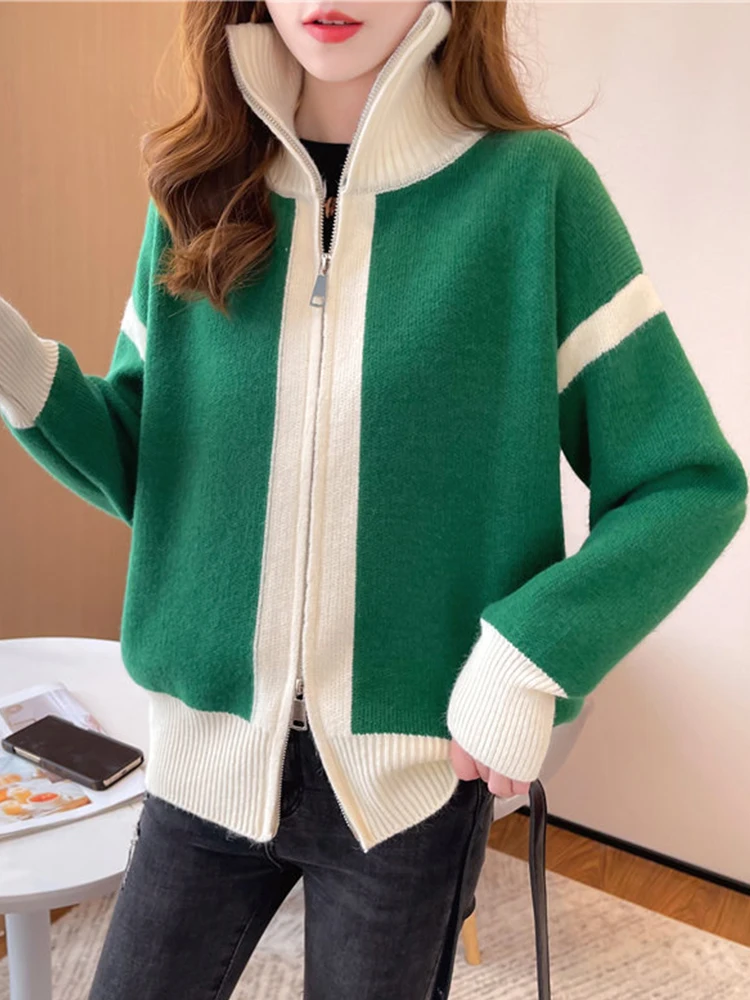 

SURMIITRO вязаный кардиган с воротником-стойкой для женщин 2021 осень зима корейский стиль зеленый Rebecas длинный рукав женский свитер куртка пальт...