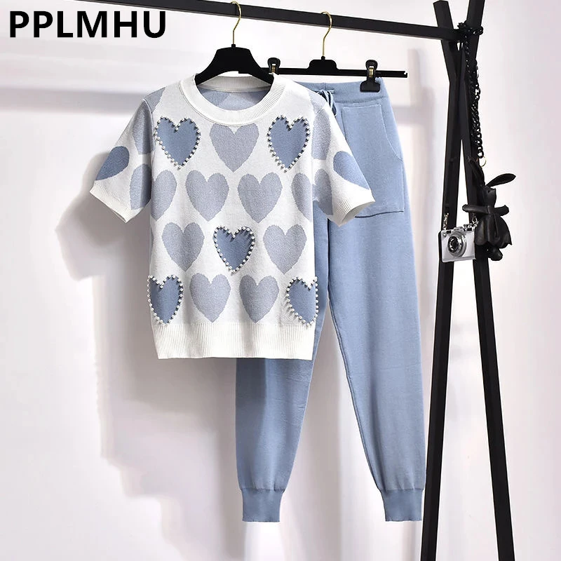 Женский Жаккардовый трикотажный костюм Love базовый пуловер с коротким рукавом и