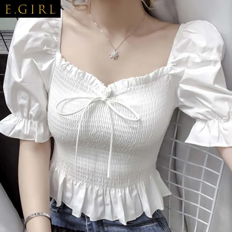 Summer French Style Blouses Women Folds Fungus Princess Slash Neck Cropped Top Fashion Lace-up Puff Sleeve White Blusas Elegant