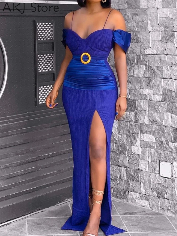 

Women Short Sleeve High Slit Cold Shoulder Ruched Party Dress With Belt
