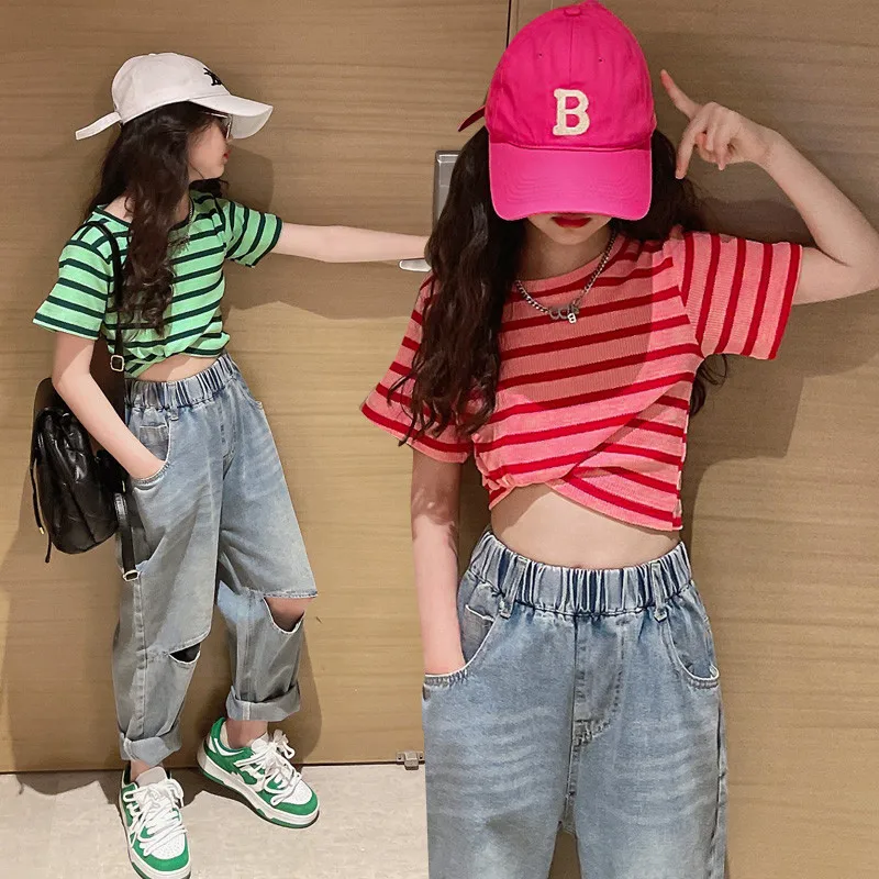 

Summer Clothes for Kids Striped T-shirt+Ripped Jeans 2Pcs Girls Set Casual Children Clothing Outfits Teen Short Sleeve Tracksuit
