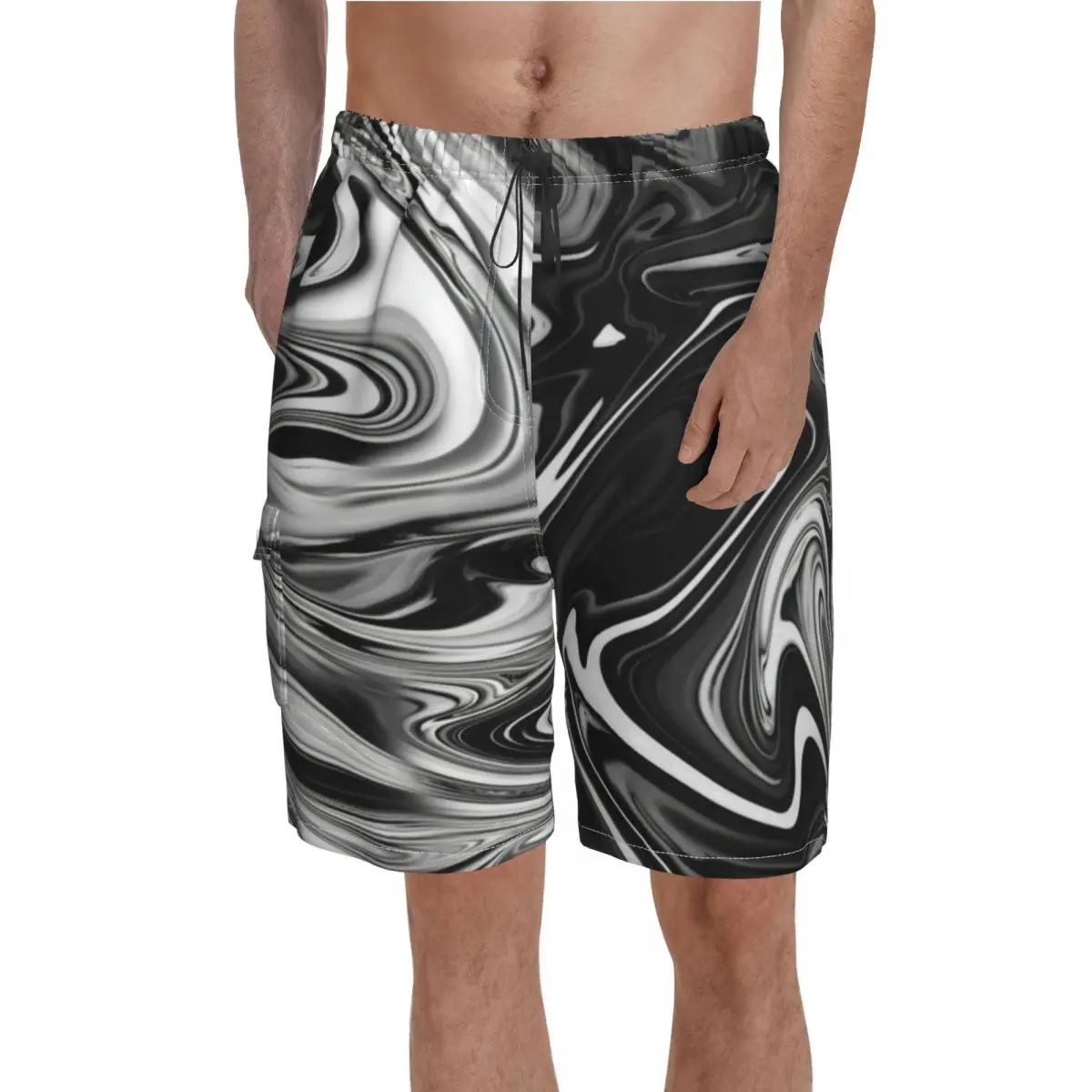 

Elegant Marble Board Shorts Liquid Black and White Stripe Beach Short Pants Elastic Waist Pattern Customs Swim Trunks Big Size
