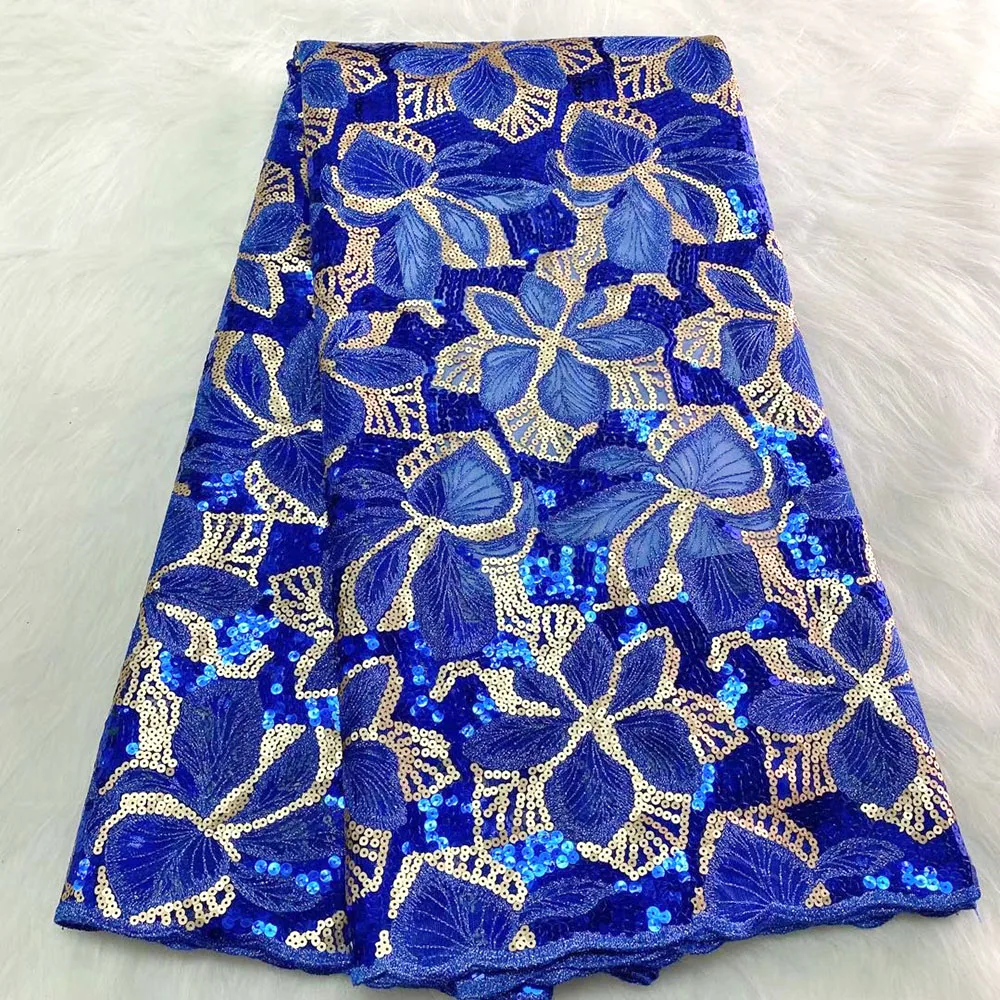 

Royal blue African Sequins Lace Embroidery French Tulle Lace Fabric 5 Yards High Quality Nigerian Women Dress Wedding Party