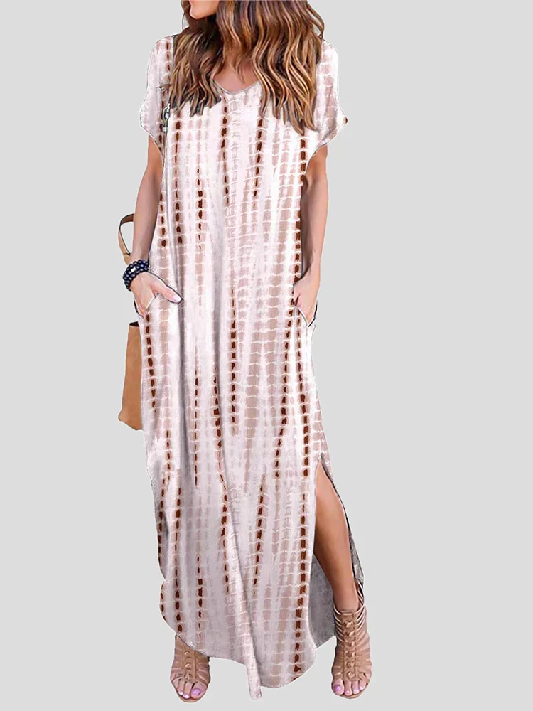 

Пляжное платье в стиле бохо с цветочным принтом, длинное платье с V-образным вырезом, летнее Повседневное платье-пуловер с коротким рукавом, ...