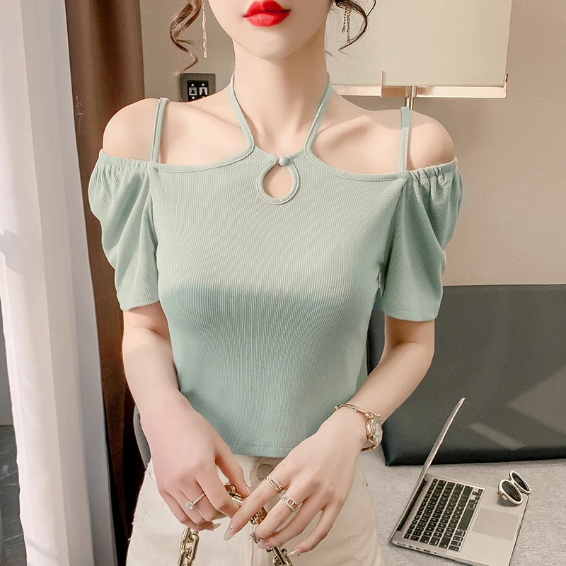 

Cotton Women's T-shirt Summer Skinny Tops Solid High Street Short Sleeve Backless Tees Fashion Sexy New 2022 Female Clothes