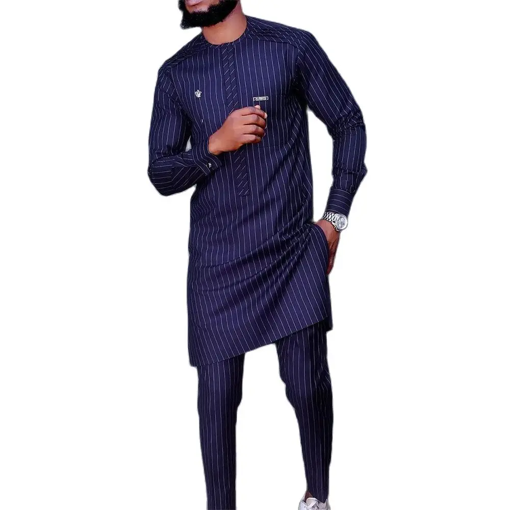 African Men Dashiki Long Sleeve Two-piece Set Traditional Africa Clothing Striped Ethnic Men's Suit Top Pants Suits Brand New