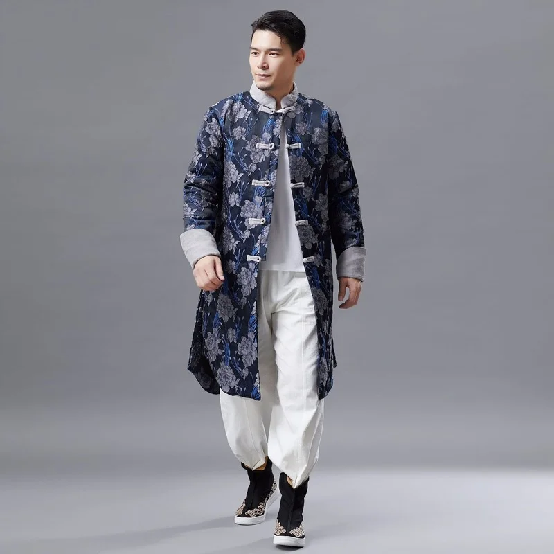 Winter new cut flower long padded jacket mid-length thickened men's padded jacket ethnic style parkas men's winter coats Coat