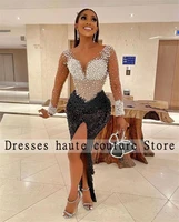 aso ebi luxury pearls beaded prom dresses high split mermaid party gowns sheer sleeves formal celebrity dress for black girl