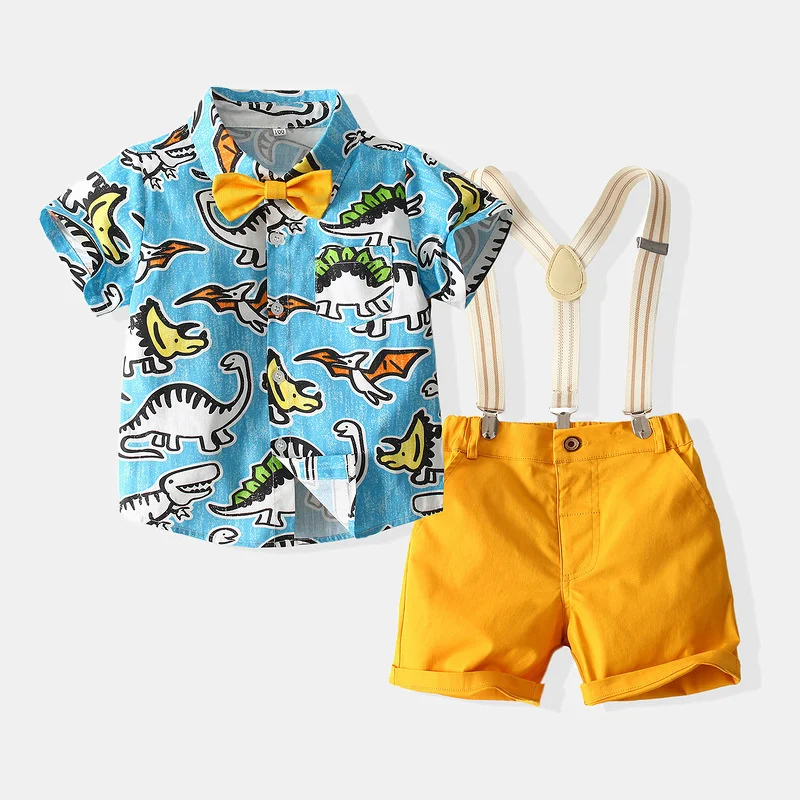 

Boys cartoon dinosaur gentleman suit summer new European and American children's wear children's shirt strap shorts suit