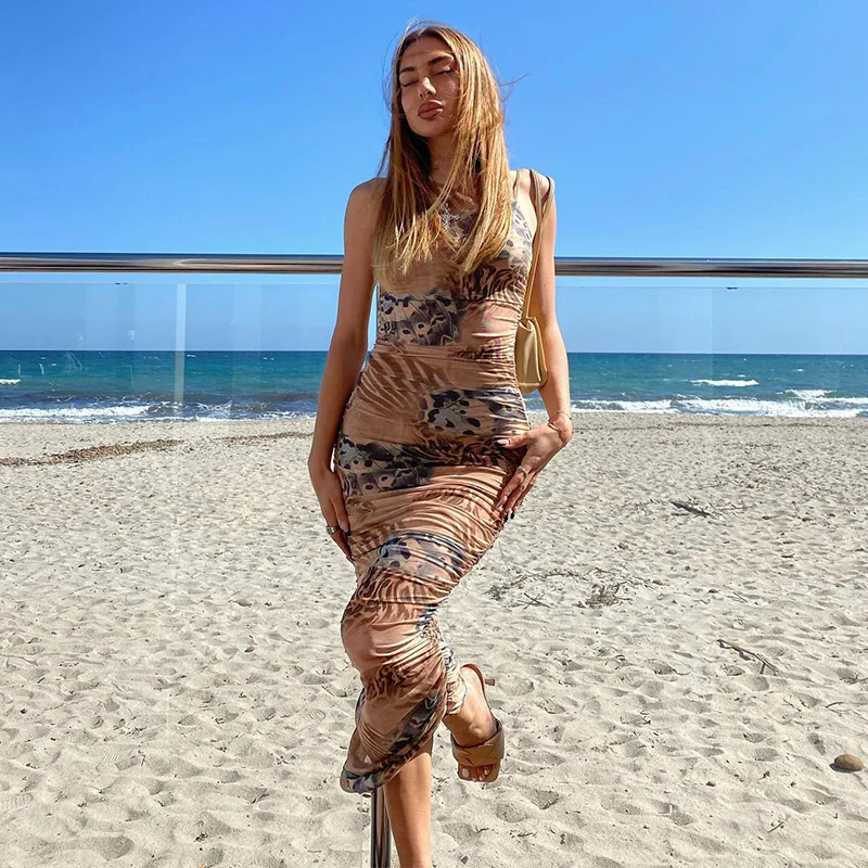 

Женское плиссированное платье с круглым вырезом, длинное облегающее платье без рукавов с принтом в уличном стиле