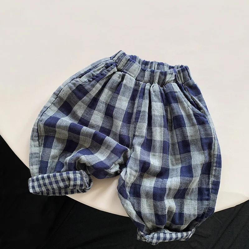 

Spring autumn unisex double-deck vintage plaid trousers children bottoms boys and girls cotton loose harem pants