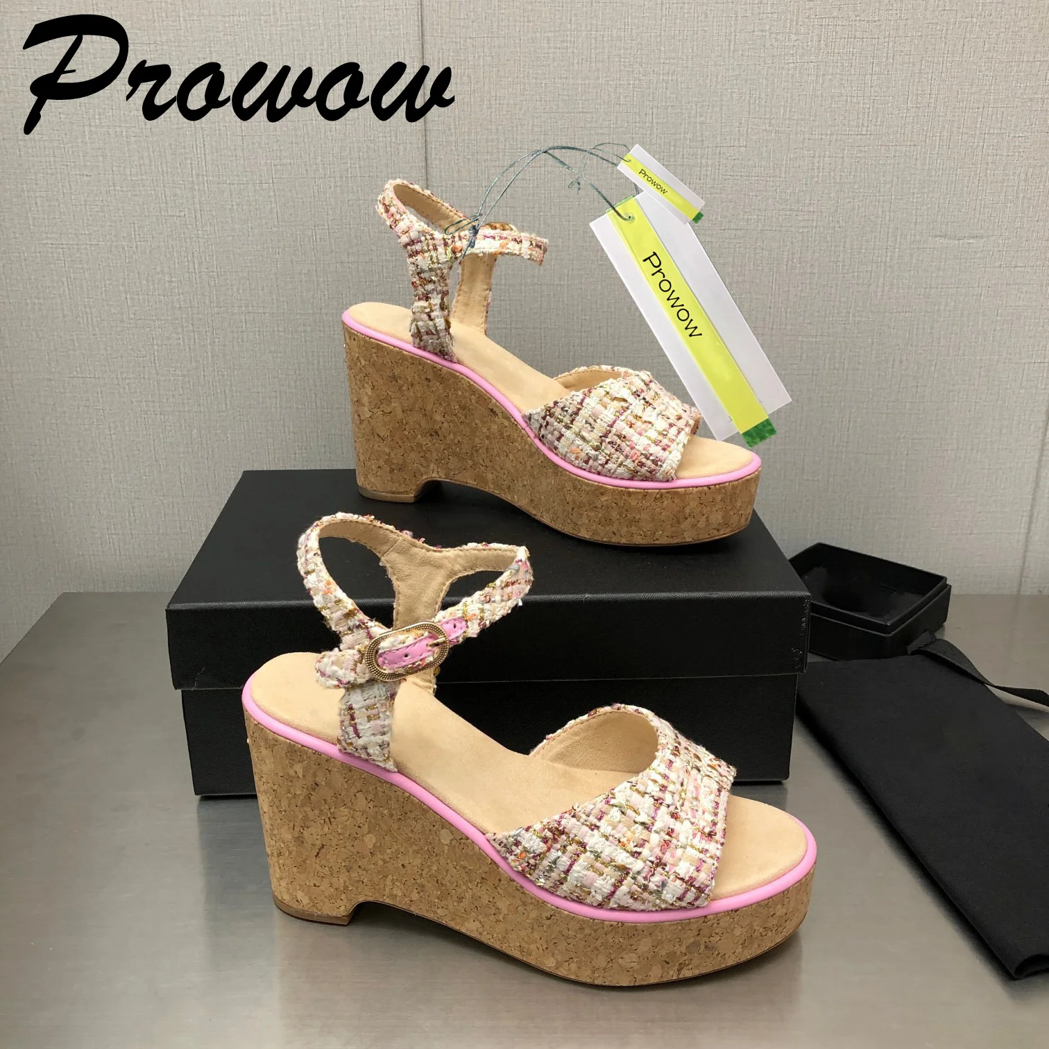 

Prowow Summer New Genuine Leather Platform Sandals Ankle Strap HIgh Heels for Women Luxury Wedges