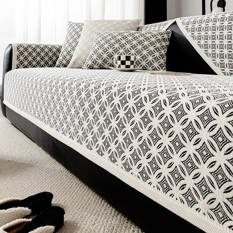 Черно-белый плотный чехол для дивана в гостиную из синели с геометрическим