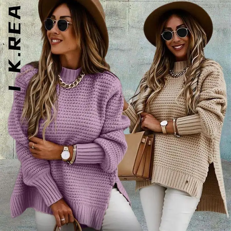 

Женский свитер I K.Rea, новинка, вязаный облегающий Универсальный женский свитер с высоким воротником, мягкие элегантные свитера, женские Тепл...