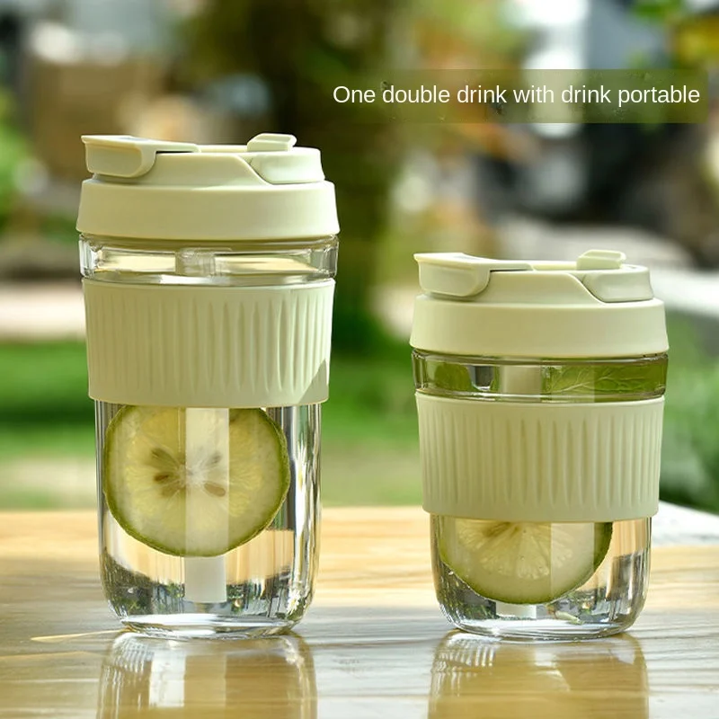 

350/450 ML Glass Cup Double Drink Cup Female With Straw Portable Accompanying Tea Cup Household Cup Water Bottle Water Cup