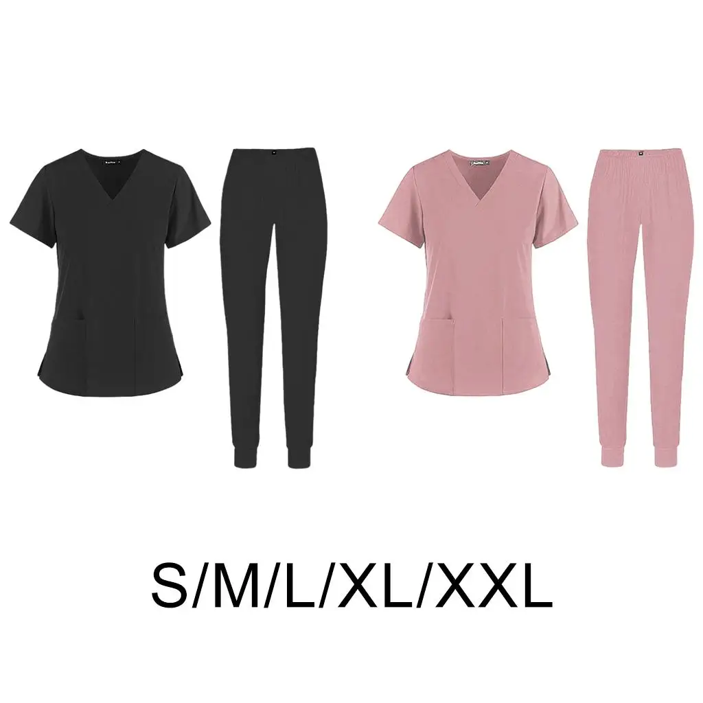 

V-Neck Nursing Scrub Set with Pockets Tops Pants Work Clothes Slim Short Sleeve Breathable Comfortable Men Women SPA Uniforms