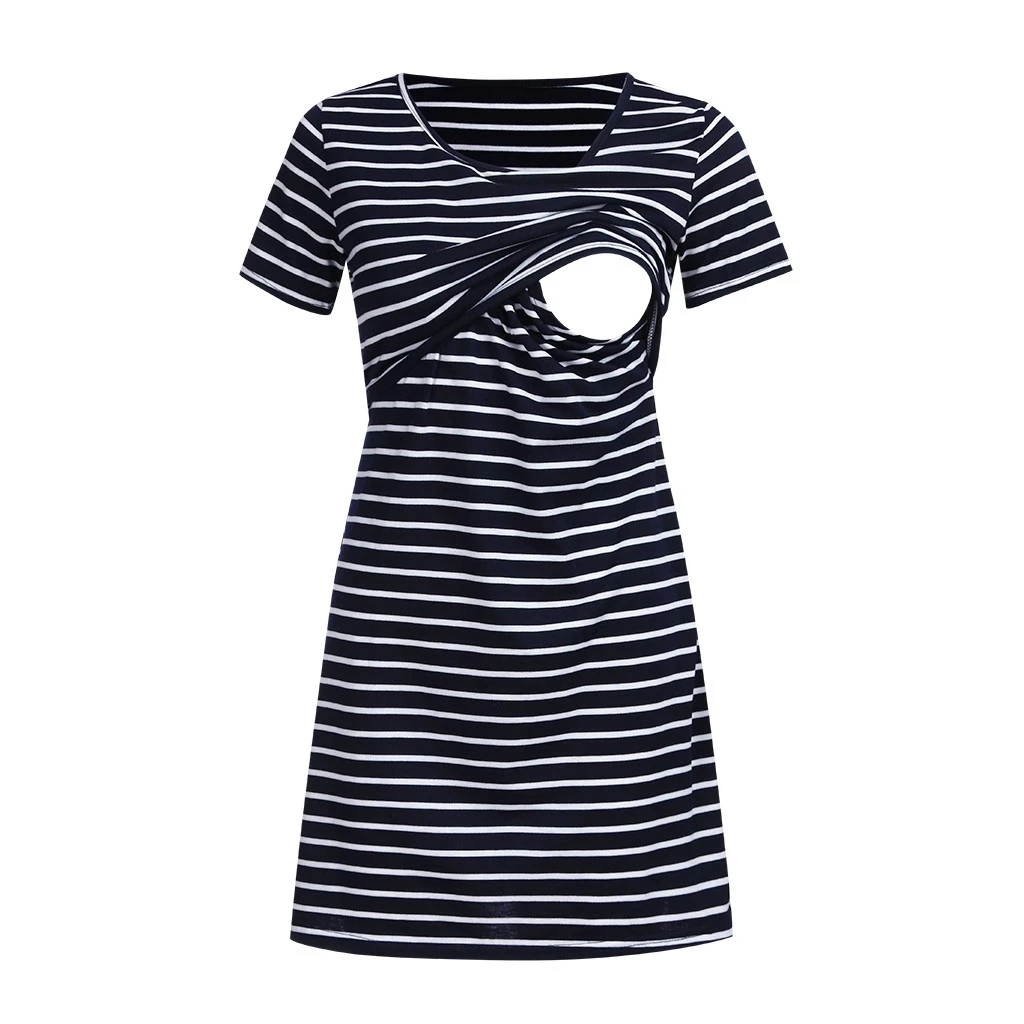 

1PC New Pregnancy Dress Women O-neck Pregnant Nursing Maternity Short Sleeve Stripe Summer Dress Breast-feeding Night Dresses