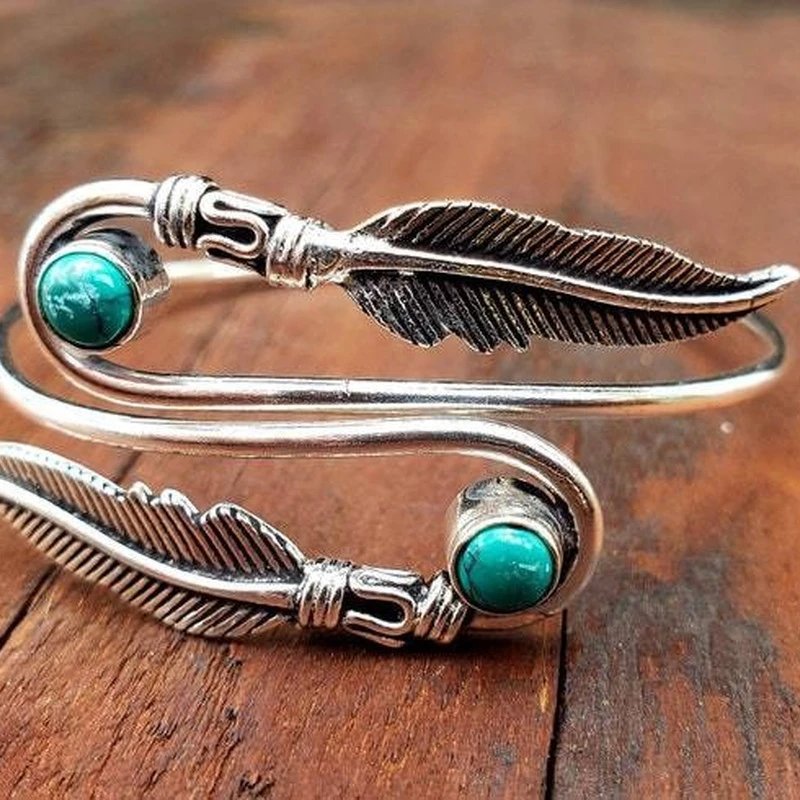 

2022 New Fashion Vintage Boho Feather Emerald Agate Bracelet Adjustablejewelry Accessories Bracelet for Women Free Shipping