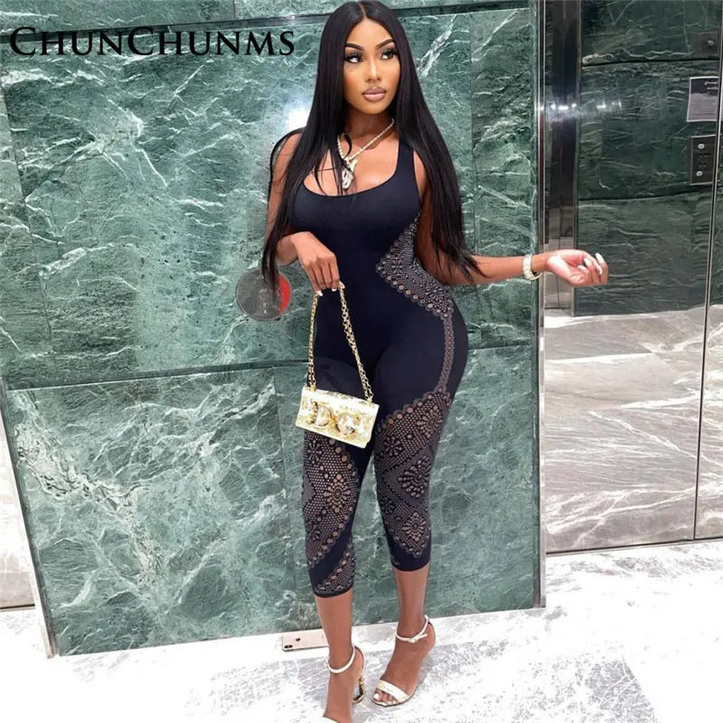 

Sexy Knitting Hollow Out Jacquard Jumpsuit Women High Waist Buttock Lifting Tight One Piece Pants Sleeveless Low Chest Romper