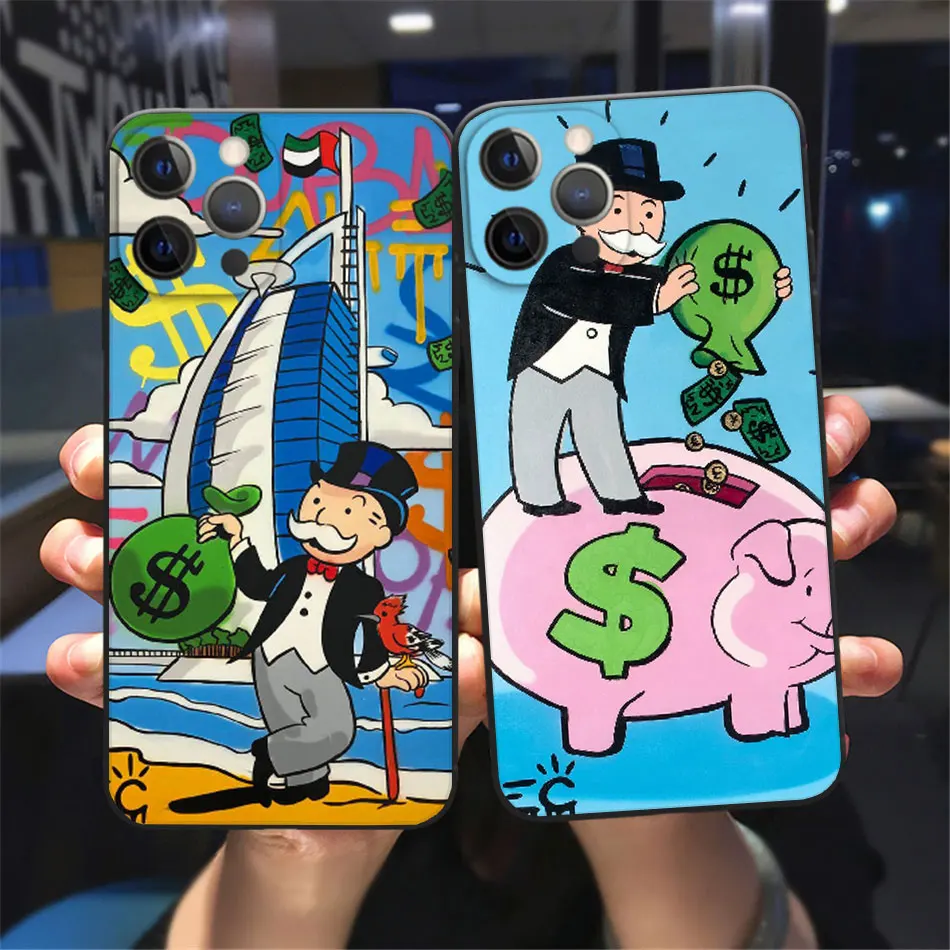 

Catoon Dollar Alec Monopoly Phone Case For iPhone 11 12 13 14 Pro Max X XR XSMAX X 8 7 Plus 13 Mini Black Soft Bumper Back Cover