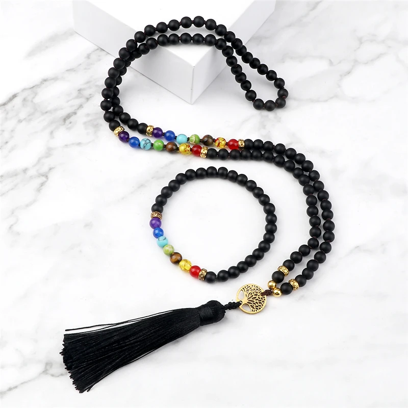 Ожерелье с браслетом из 7 Чакр Древо жизни 6 мм 108 бусин ожерелья кисточки лавовый