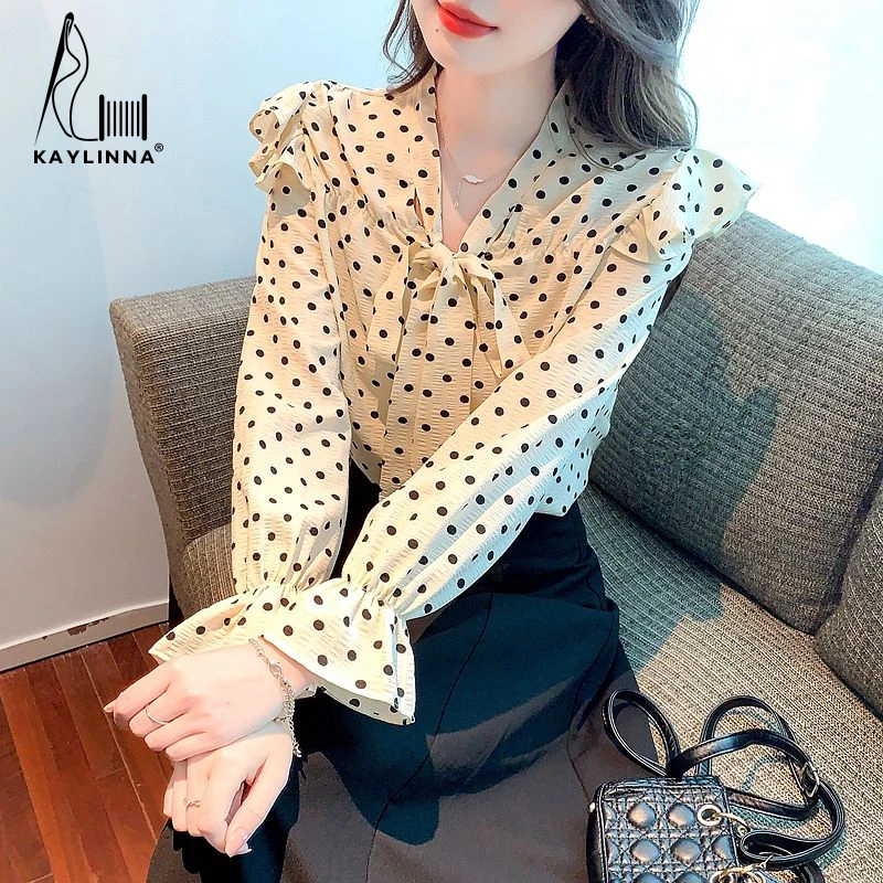 KAYLINNA Autumn Elegant Blouses Women's Office Lady Shirts Lace-up Bow Long Sleeve Looses Blouse Ruffles Polka Dot Pullover Tops