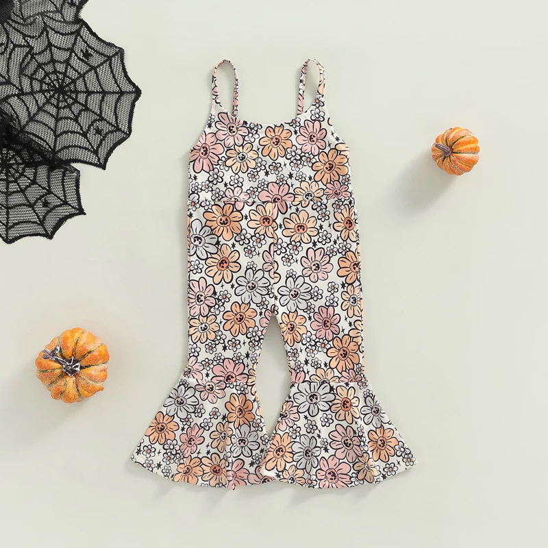 

Halloween Days 1-5Y Kids Girls Jumpsuit Pants Sleeveless Flowers Printed High Waist Flare Playsuits Romper