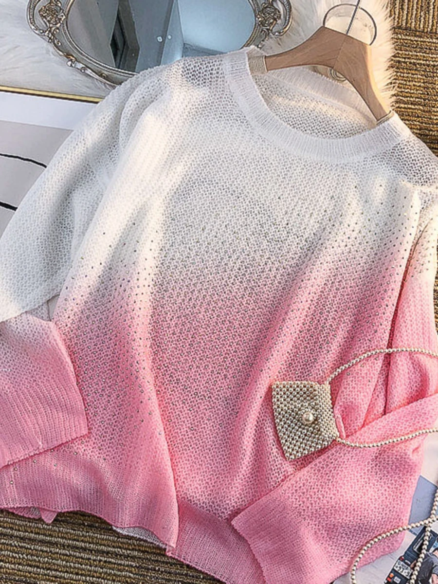 Streetwear Rhinestone Contrast Color Knitted Sweater Top Wide Leg Pants Suit Women 2022 New Autumn Sports Casual Two-Piece Set