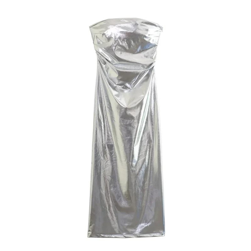 

TRAF 2023 Metallic Strapless Midi Dress Summer Metallic Fabric Back Slit Fashion Dress Side Hidden In-seam Zip Closure Dress