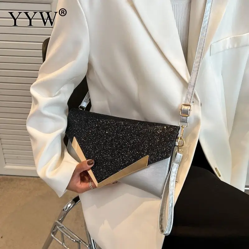 Fashion Glitter Sequins Envelope Evening Party Bag PU Leather Clutch Messenger Wallet Purse for Women Wristlet Shoulder Handbag