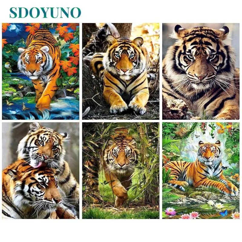

SDOYUNO Oil Painting 40*50cm Tigers Drawed By Numbers Diy Artwork For Adults Acrylic Color Paint on Canvas Animal Unique Home Gi