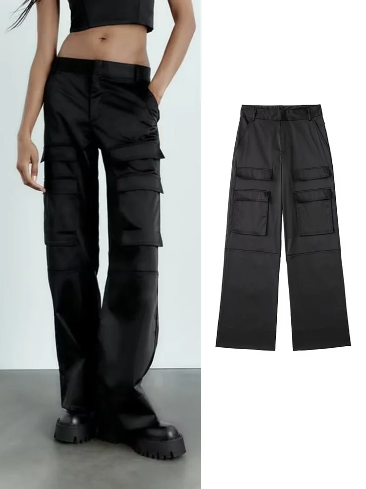 

TRAF New Spring Autumn Women Pockets Cargo Pants 2022 Elegant Street Zipper Female Solid High Waist Trousers Two Colors