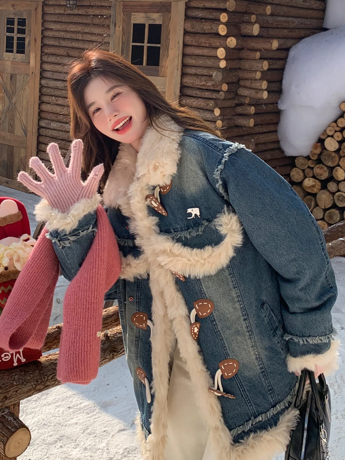 Джинсовая строчка меховая интегрированная верхняя одежда из овечьей шерсти