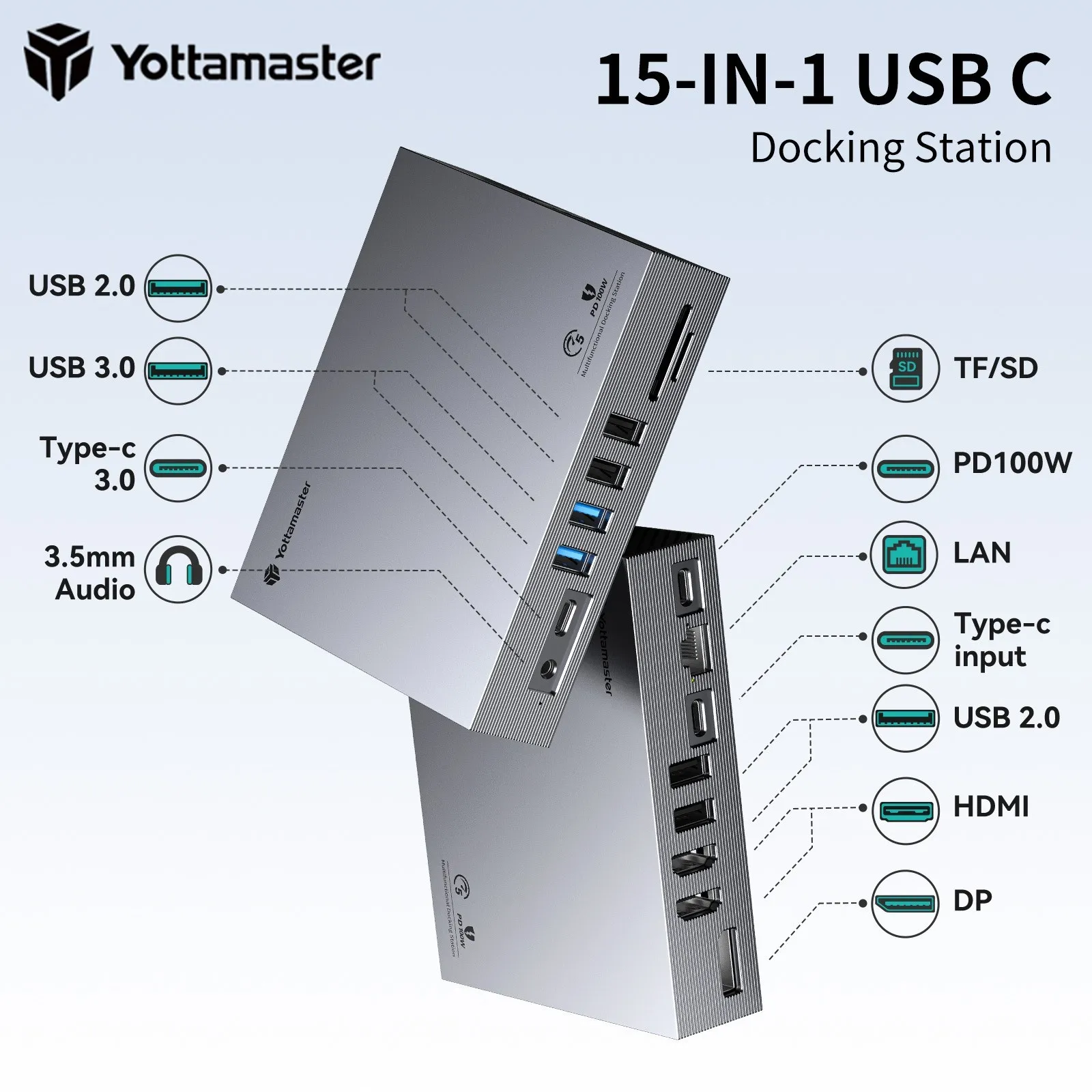 

Док-станция Yottamaster 15-в-1 с USB C, двойным монитором, мультипортовым адаптером с 4K HDMI DP100W RJ45 3,5 мм TF/SD для Windows Mac OS