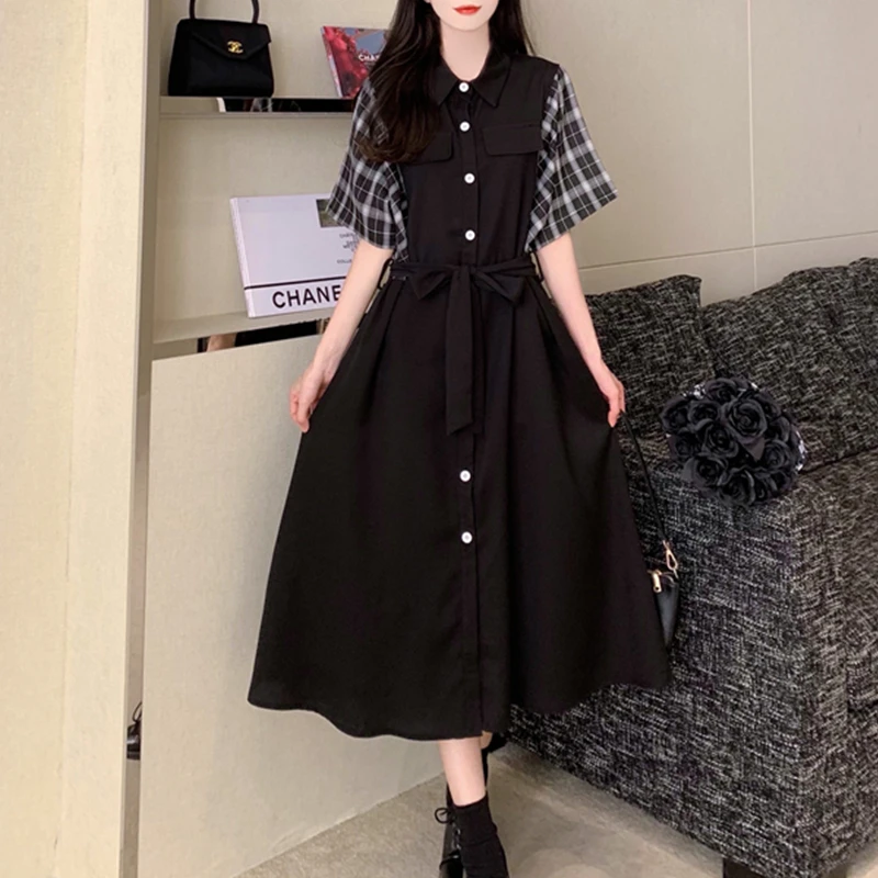 

2022 Vintage Plaid Short-sleeved Stitching Black Shirt Dress For Women Clothing Summer Large Size Waist bandage Slim Dress bd353