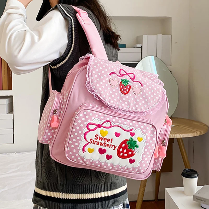 

Richme Kawaii Girls School Bag Japanese Strawberry Embroidery Lace Lovely Pink Lolita Women Backpacks Kids Waterproof Satchels