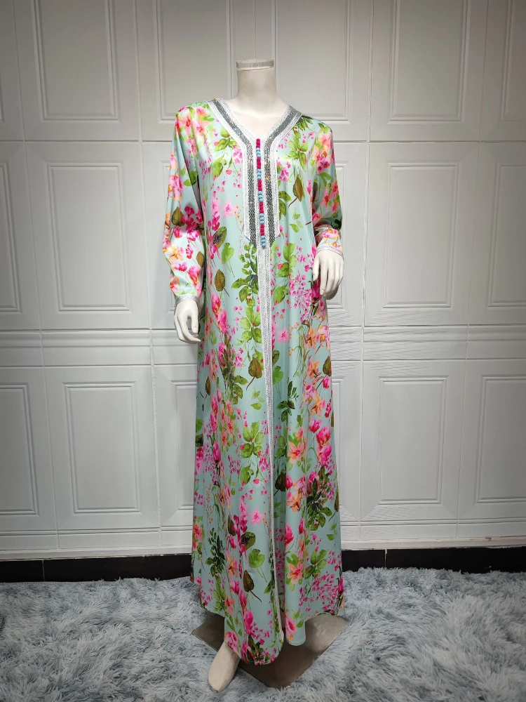 Abaya Dress 2023 Spring Summer Muslim Women Long Sleeve V-neck Polyester Printing Long Abaya Muslim Fashion Dress