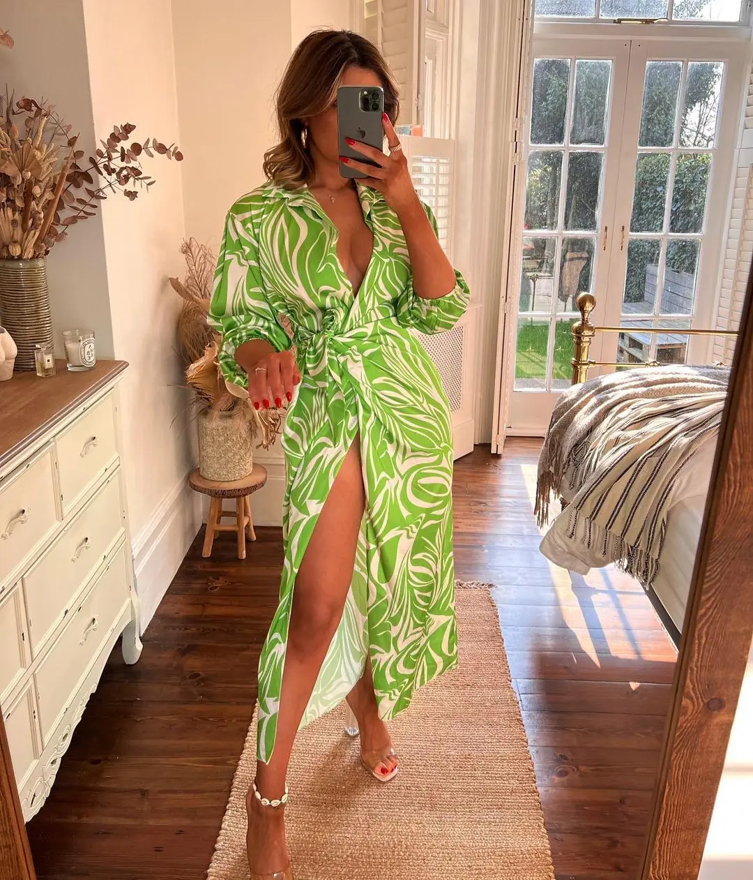 

2022 Summer Print Long Women's Dress satin Open Stitch Strappy Lantern sleeve Autumn Female Dresses Loose Elegant Lady Clothes