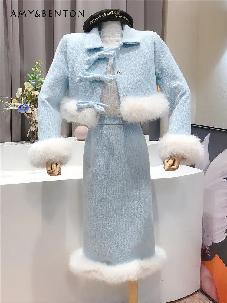 

French Gentle Age-Reducing Suit Women's Short Coat Faux Rabbit Fur Cashmere Puffer Jacket + High Waist Skirt Two-Piece Set